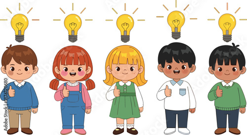 Cute diverse kids giving thumbs up with glowing light bulb ideas above their heads, cartoon children illustration representing creativity, education, teamwork and success
