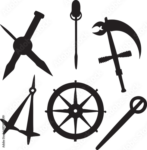 Antique silhouette set of metal sword vector icons and cross symbol illustrations featuring old design signs for equipment tools