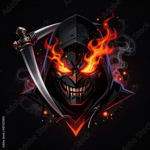 Fearsome reaper with blazing eyes and a menacing scythe in a dark, fiery illustration