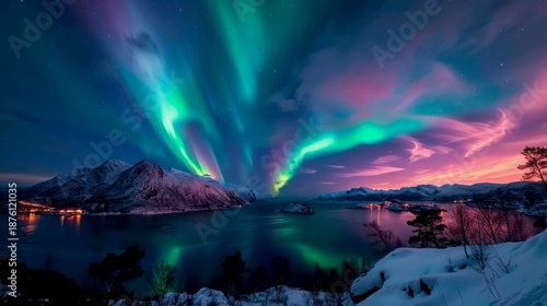 Aurora Borealis over a Norwegian fjord