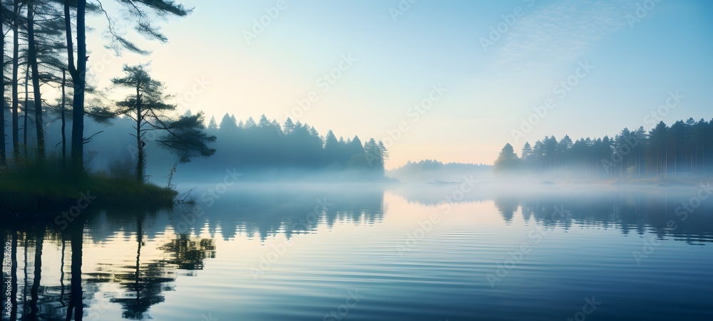 Fototapeta premium A peaceful landscape of a misty lake at dawn,generative AI