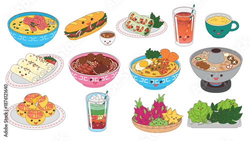 Collection of cute Vietnamese food characters including pho, banh mi, spring rolls, and hotpot, kawaii flat vector illustration of traditional Asian cuisine with happy faces