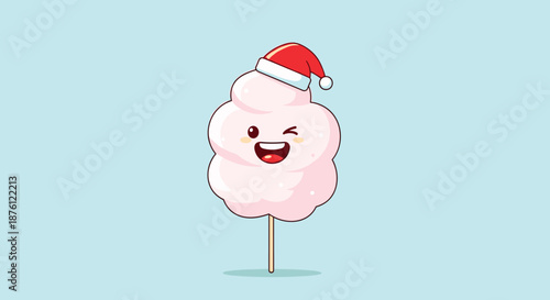 Happy pink cotton candy character on a wooden stick wearing a festive santa hat and winking its eye for kids.