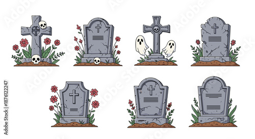 Set of various cemetery gravestones and tombstones decorated with flowers skulls and cute cartoon ghosts for halloween.