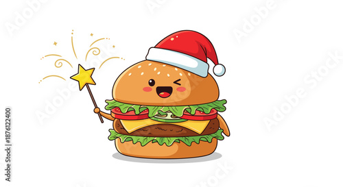 Smiling cheeseburger character wearing a red Santa hat and holding a magic star wand with sparks for festive holiday food celebrations in winter.
