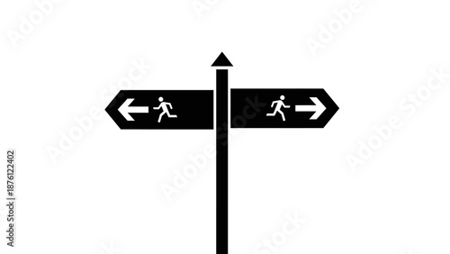Directional sign with running figures pointing in opposite directions on a white background.