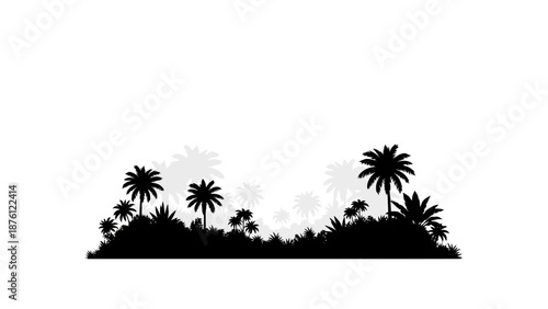 Black silhouette of tropical plants and palm trees isolated on white background.
