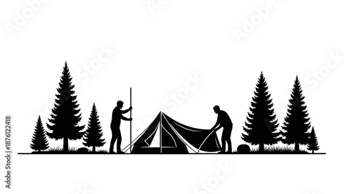 Illustration of people setting up a tent in the forest.
