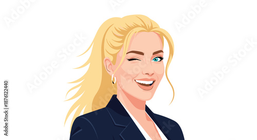 Confident blonde business woman in a dark blue blazer winking and smiling warmly against a plain white background for professional work settings.