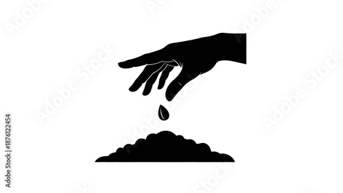 Hand planting a seed in soil, black and white illustration.
