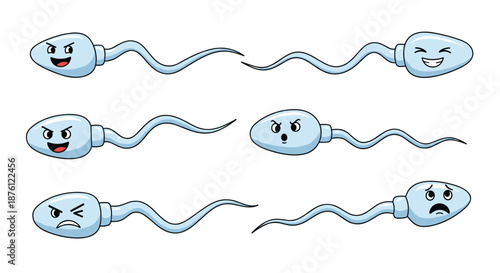 Collection of six sperm cell characters with various cartoon expressions ranging from angry and surprised to happy and sad on white background.