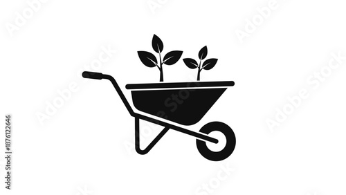 Black and white vector illustration of a wheelbarrow with plants.