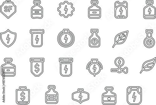 Editable Stroke linear vector pack of energy power and money shield outline icons for fantasy game interface.