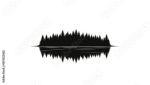 Silhouette of pine trees reflected in calm water, vector illustration.