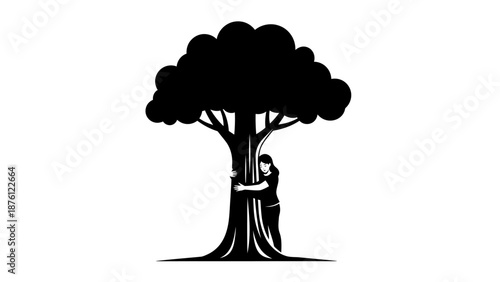 Illustration of a woman hugging a tree trunk in black and white.
