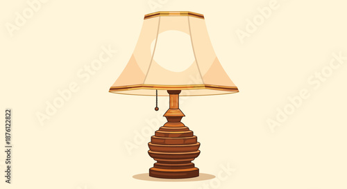 Elegant classic wooden table lamp with a beige lampshade and a pull chain switch against a warm light yellow background for stylish home decor.