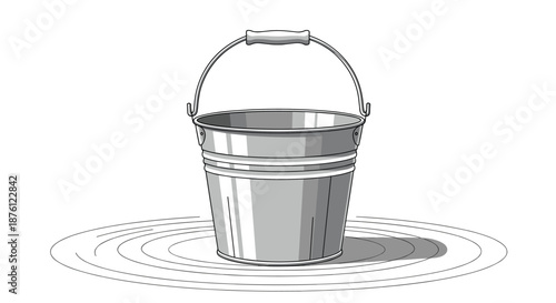 Simple grey metal bucket with a wire handle standing on a surface with circular ripple lines and a soft shadow against a clean white background.