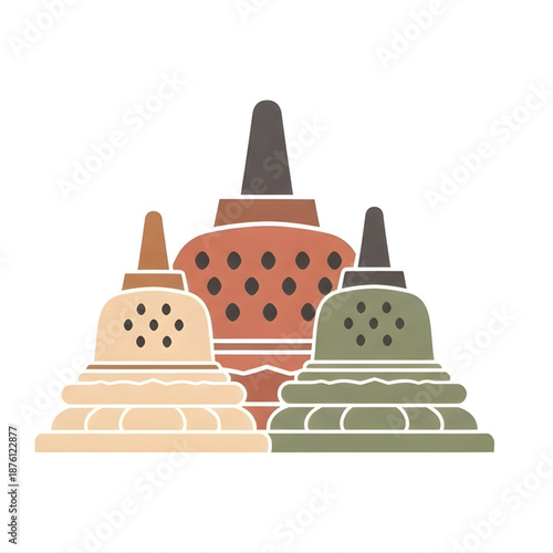 Three stylized Buddhist stupas, representing spiritual enlightenment and ancient religious architecture in a serene color palette