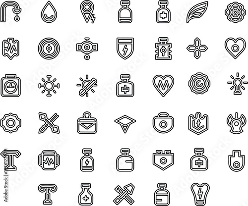Vector collection of fantasy game ui outline icons featuring crossed weapons and hearts with Editable Stroke.
