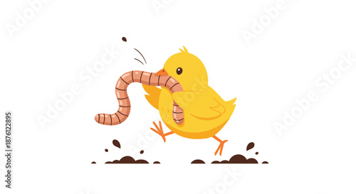 Cute yellow baby chick running through the mud while holding a long pink worm in its beak against a clean white background for nature lovers.