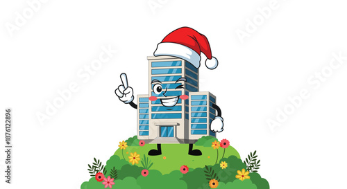 High rise office building character with a happy face wearing a red Santa hat and pointing up while standing in a flower garden for Christmas.