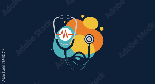 Modern medical stethoscope icon featured with colorful abstract shapes and a heartbeat pulse line in a circle for healthcare and wellness.