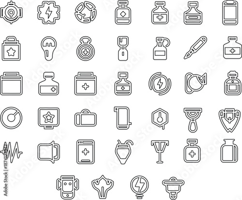 Editable Stroke vector collection of fantasy game ui outline icons featuring potions and location pins.