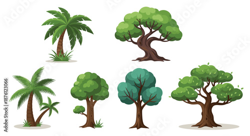 Variety of six different trees including palm trees and leafy deciduous trees with green foliage and brown trunks in an illustrative nature set.
