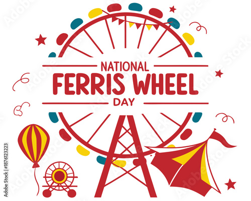 Amusement Park Vector Illustration, National Ferris Wheel Day Celebration and Funfair Graphic