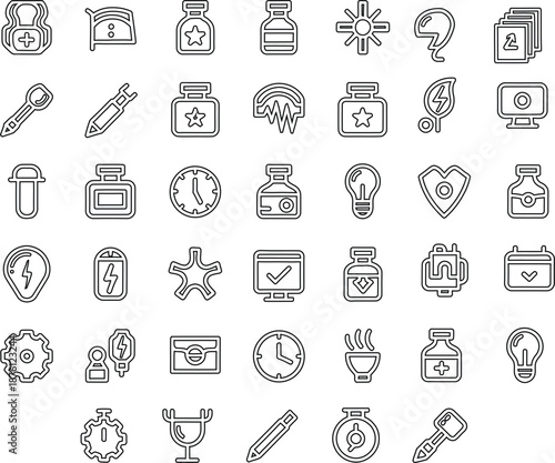 Vector set of fantasy game inventory outline icons including potions and treasure chest with editable stroke.