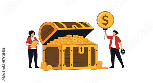 Two diverse professionals standing next to a large open treasure chest filled with gold coins while one holds a dollar sign balloon.