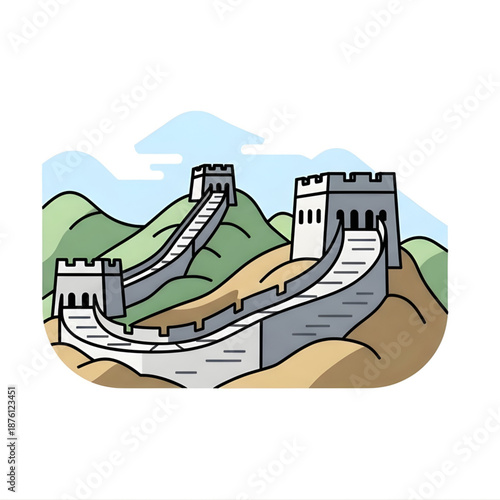 A vibrant flat design illustration showcasing the iconic ancient Chinese monument, its defensive structure majestically winding across picturesque mountainous terrain under a clear sky