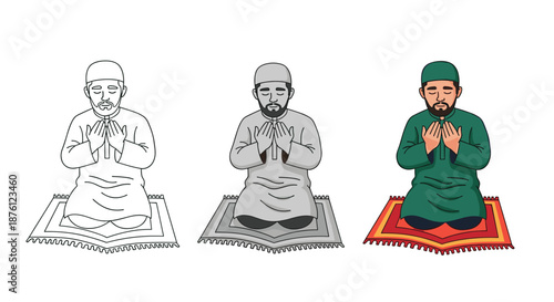 Muslim man performing prayer while kneeling on a colorful rug shown in line art, grayscale, and full color versions in a sequence.