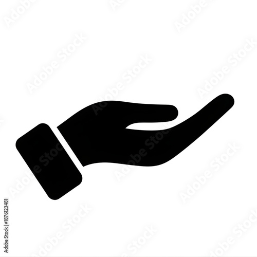 A simple black silhouette icon of an open hand, palm facing upwards, suggesting giving, receiving, or help