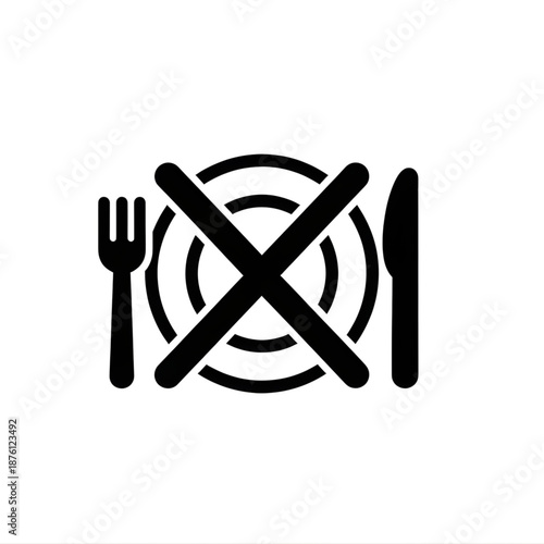 Clear black and white icon illustrating a 'no food' or 'no eating' policy, with a crossed-out plate, fork, and knife, for enforcing cleanliness and safety in restricted areas