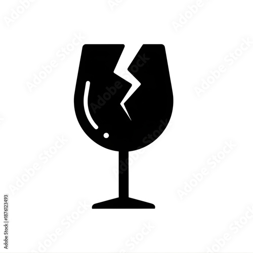 A stark black icon representing a cracked wine glass, symbolizing fragility, breakage, and potential danger