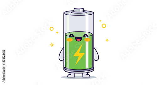 Positive battery life concept showing a happy cartoon battery character with full charge and yellow lightning bolt.