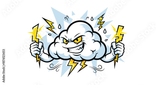 Angry storm cloud mascot character holding yellow lightning bolts with rain drops falling in a jagged blue sky.