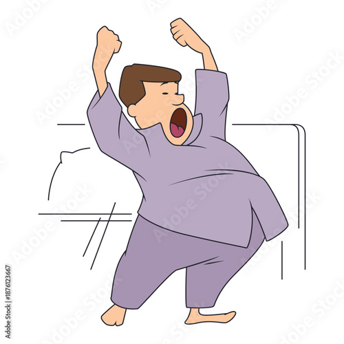 Man awake in bed, yawning widely.