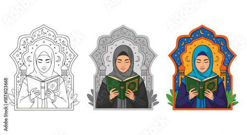 Set of illustrations featuring a Muslim woman reading the holy Quran book in line art grayscale and colored versions.