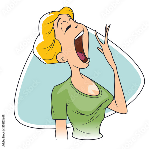 Sleepy blonde woman is yawning widely.