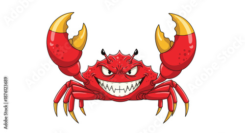 Aggressive red crab character with large sharp claws and a menacing expression isolated on a plain white background.