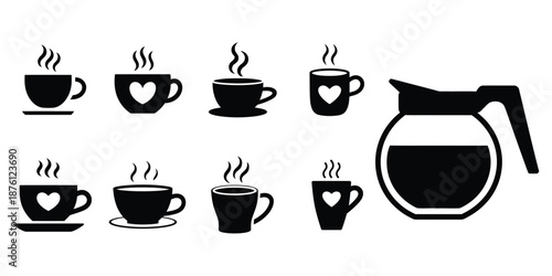 Coffee and Tea Cup Icon Set – Hot Beverage Mug and Carafe Silhouettes