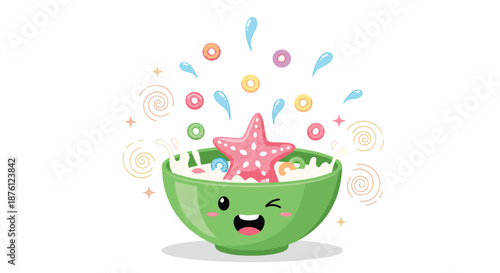 Cheerful cereal bowl mascot with colorful rings milk splashes and a pink starfish character for breakfast products.