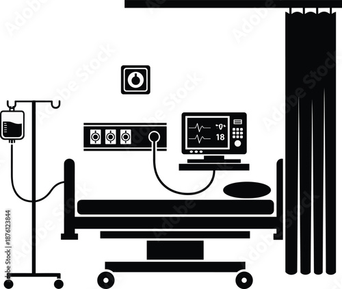 Hospital Ward Interior Vector Illustration Featuring Medical Bed Patient Monitor Intravenous Drip Stand and Privacy Curtain for Healthcare.