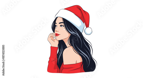 Beautiful young woman with long dark hair wearing a festive red santa hat looking sideways on a white background.