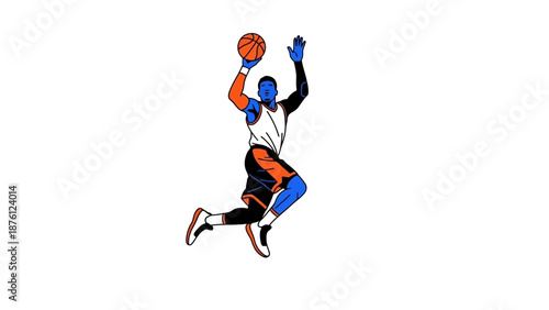 Dynamic basketball player in mid-air dunking the ball with intensity