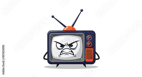 Grumpy retro television mascot character with an angry facial expression and old fashioned rabbit ear antennae.
