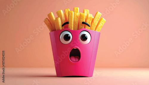Surprised French Fries Cartoon Character in Pink Container.
