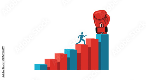 Business success metaphor showing a blue silhouette figure running up a bar chart toward a large red boxing glove.